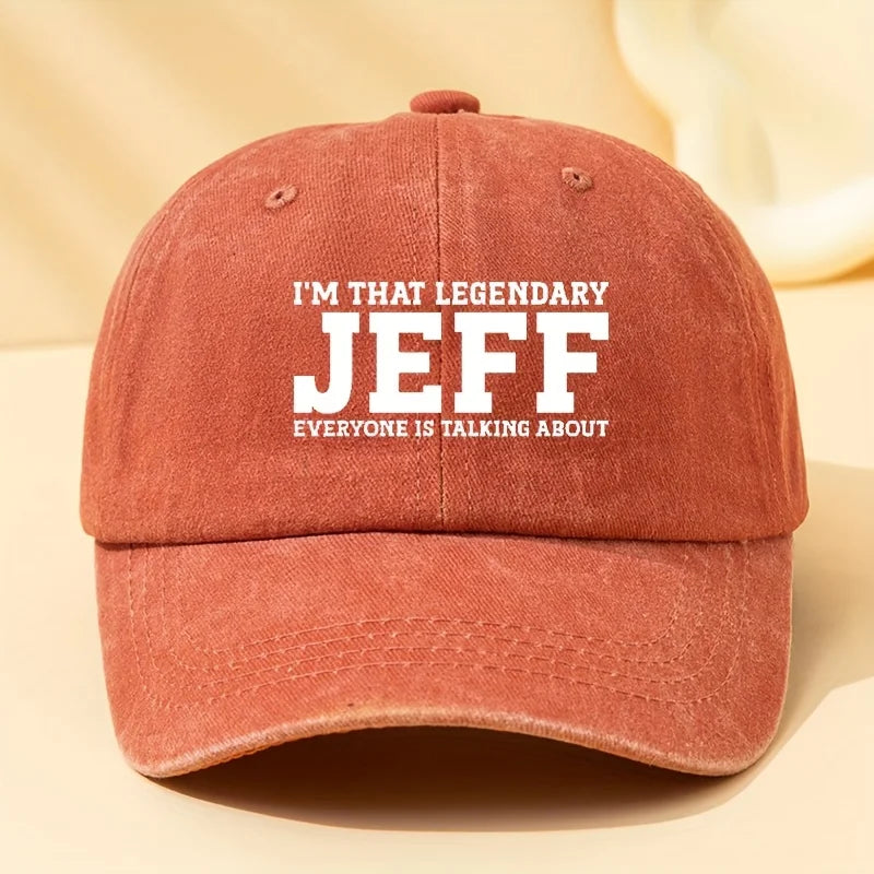 Jeff Letter Printed Washed Baseball Cap with  for Outdoor Vacation, Camping
