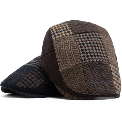 Men Women Patchwork Plaid Beret Vintage Wool Blend Flat Cap