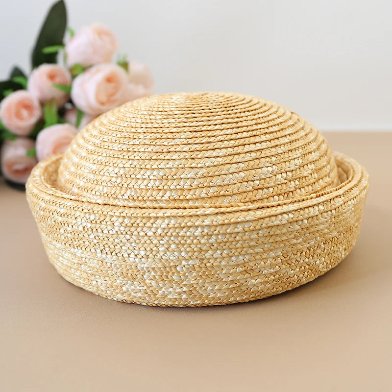Ins Blogger Natural Straw Pillbox Hat Flat Berets Women