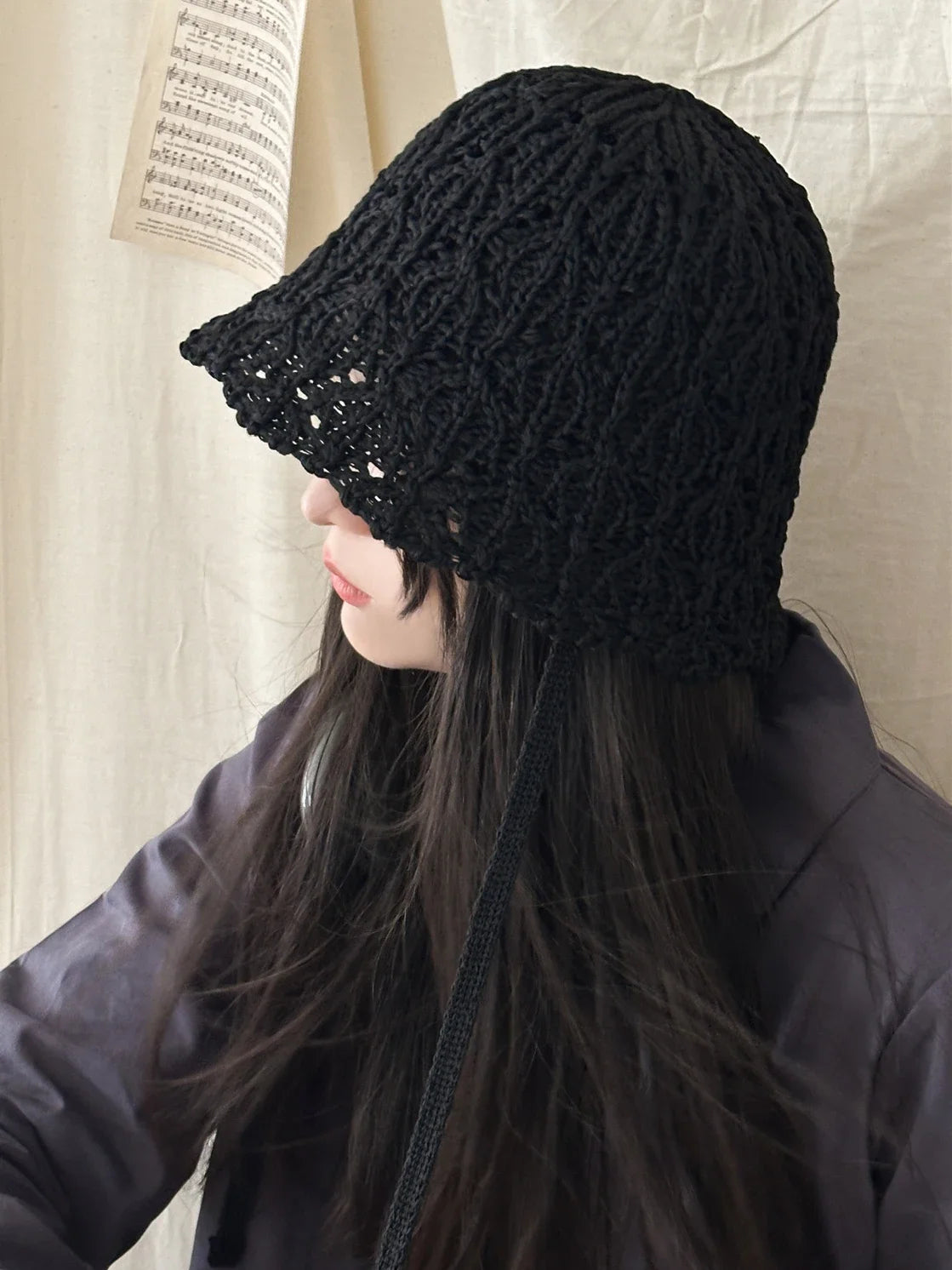 Japanese Knitted Hollow Out Bucket Hat Women's