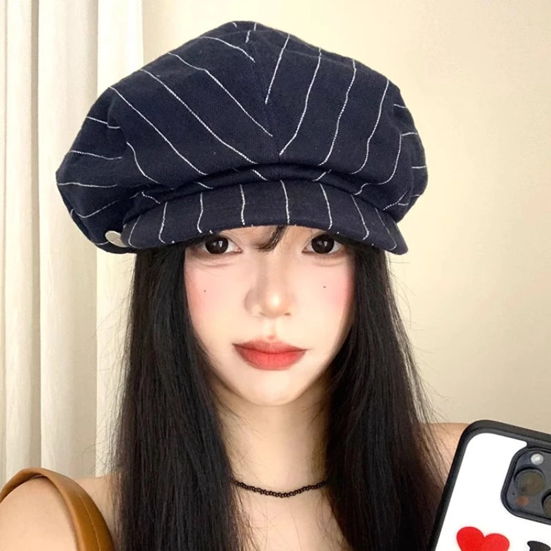 Harajuku Style Cotton And Linen Striped Berets