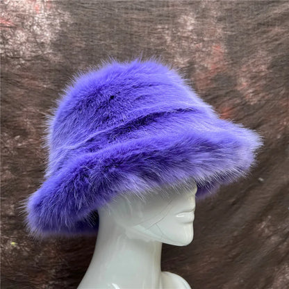 New Luxury Warm Faux Fur Bucket Hats Women