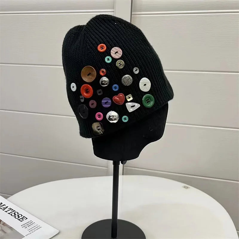Korean Designer Colorful Button Beanies Wool Hat
