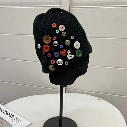 Korean Designer Colorful Button Beanies Wool Hat