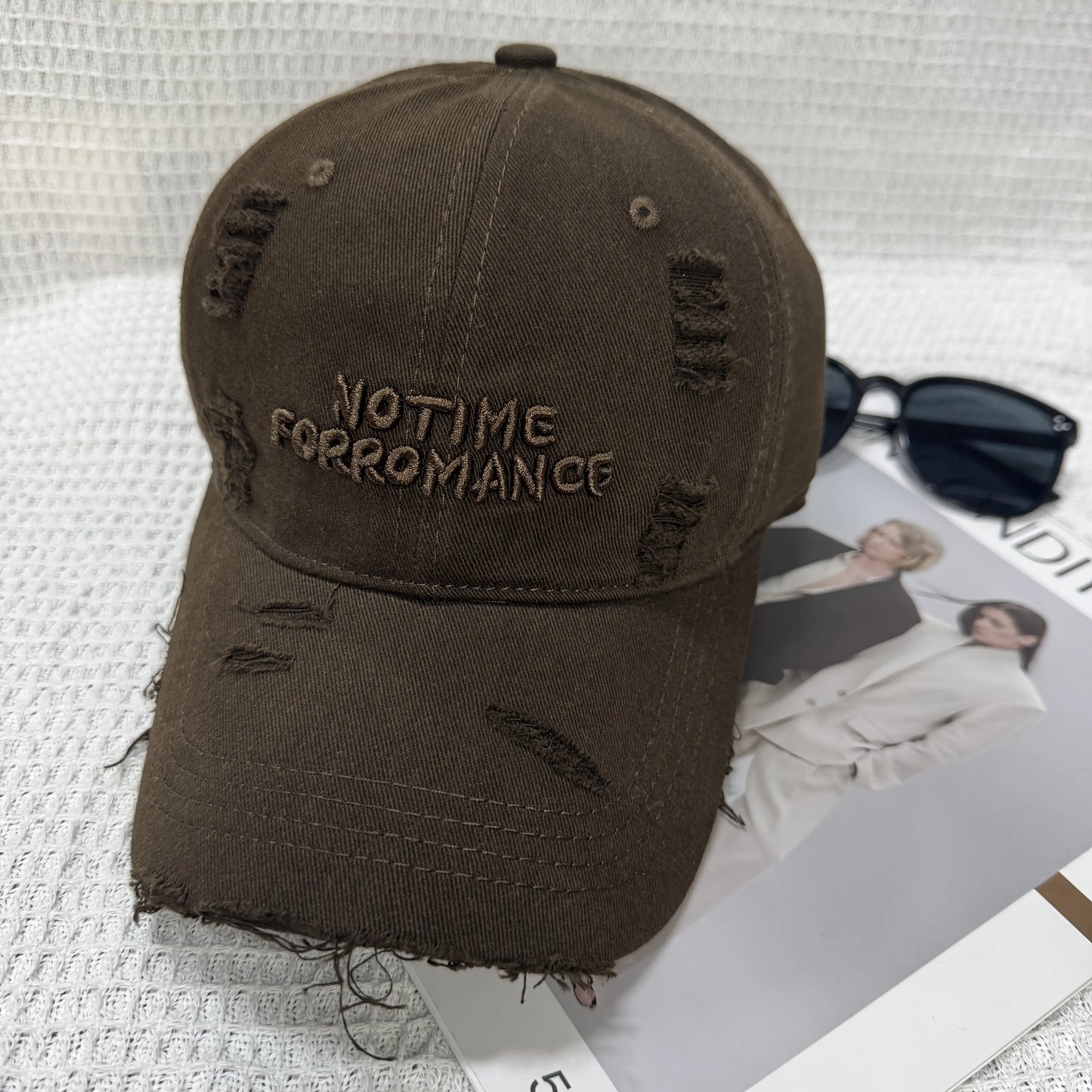 Distressed Washed Baseball Cap with Three-dimensional Embroidery