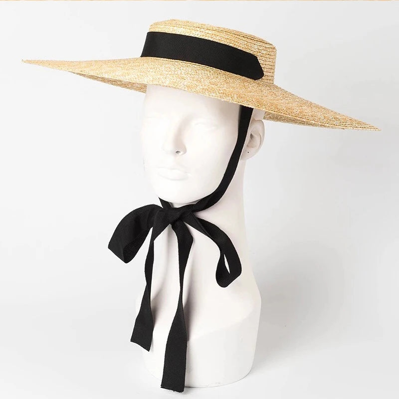 Summer Raffia Women Long Ribbon Wide Brim Beach Hat