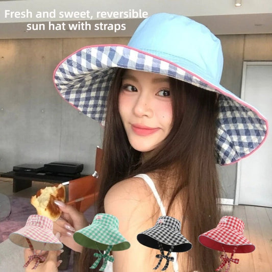 Retro Ins Sweet Plaid Tie Strap Bucket Hat