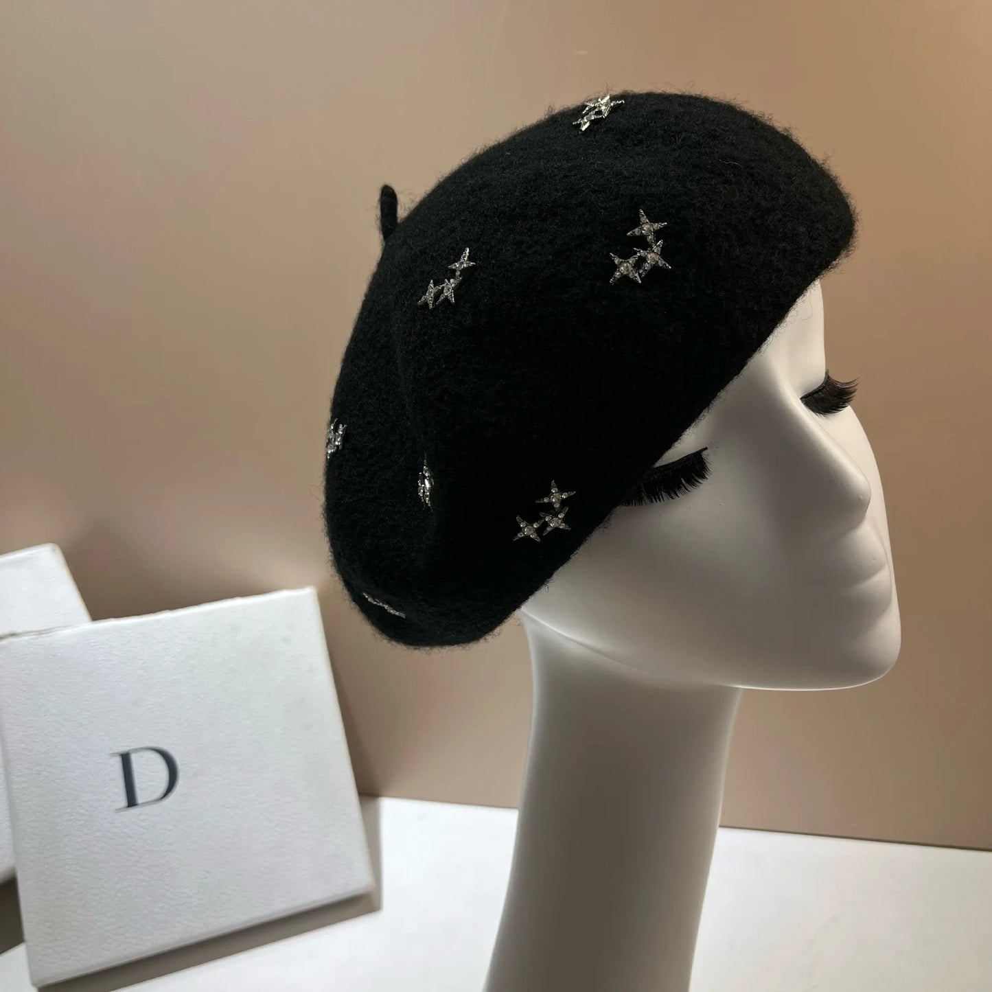 Luxury Rhinestone Stars Women's Wool Beret Winter Warm Beanie Hat