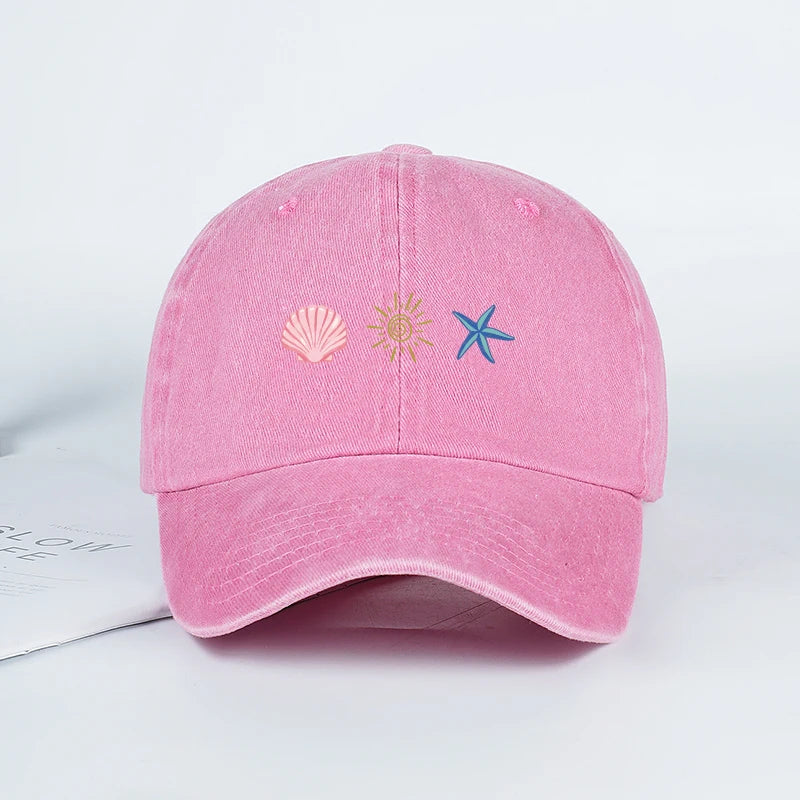 Washed Baseball Cap With Shell Sun Starfish Print Adjustable Curved Brim Hat Retro Beach Vibe Casual Wear