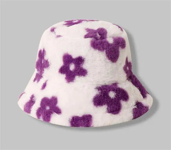 New Floral Plush Bucket Hat Women Fur Fisherman Cap