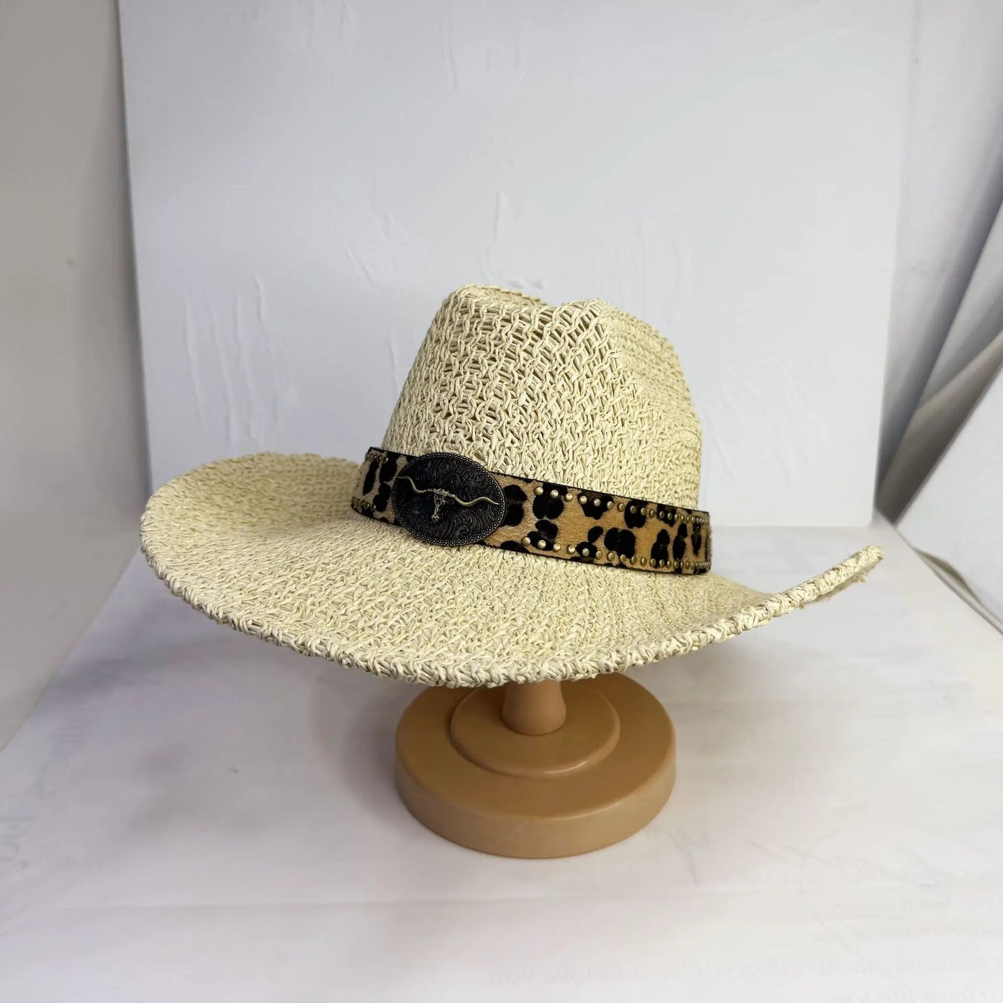 Y2K Leopard Band Straw Cowboy Hat, Retro Western Wide Brim Sun Hat