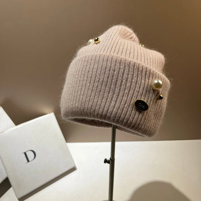 Designer Pearls Brooch Knitted Hat Women Luxury