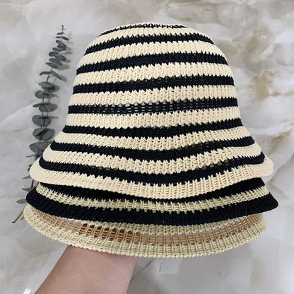 Striped Hollow Women Bucket Hat Spring Summer Outdoor