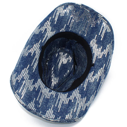 Western Blue Cowboy Hats Washed Denim Unisex Wide Curl Brim Jazz Hat