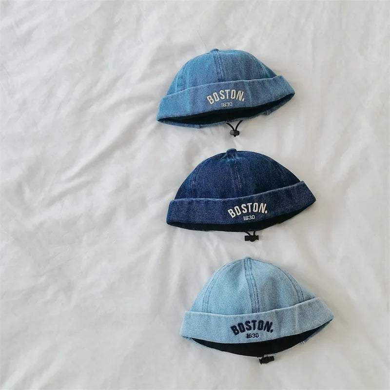 Washed Denim Baby Brimless Hat Retro Letter Embroidered Melon Cap For Kids