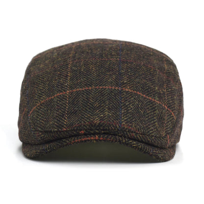 Newsboy Cap Men Winter Thick Warm Vintage Herringbone Casual Stripe Berets Flat Hat