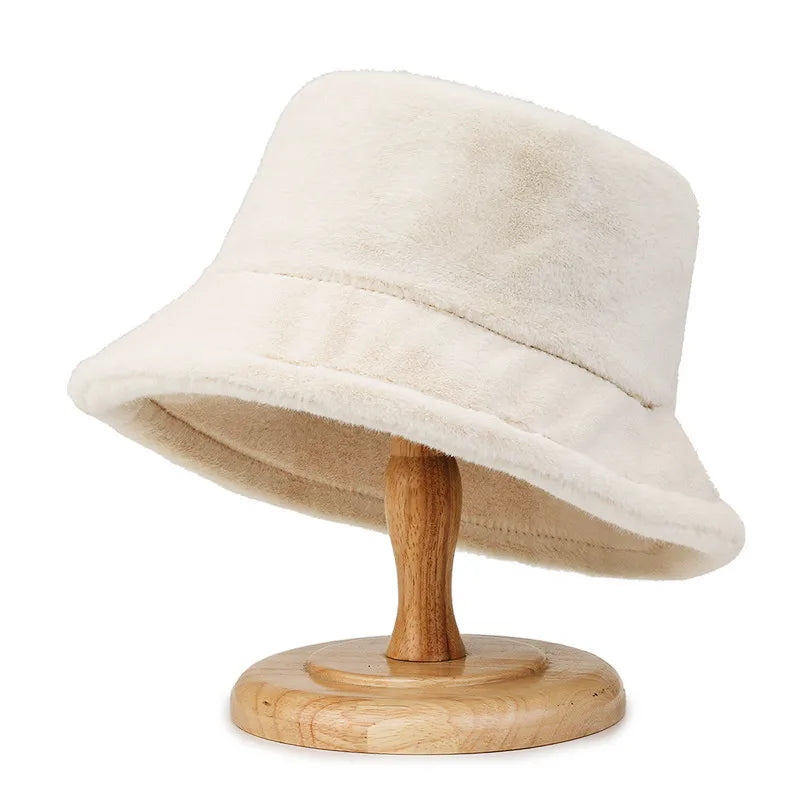 Korean Lamb Faux Fur Bucket Hat Lady Winter Warm Soft Panama Hat