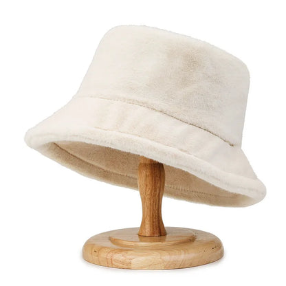Korean Lamb Faux Fur Bucket Hat Lady Winter Warm Soft Panama Hat