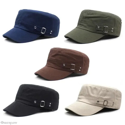 Army Cap Men Women Pure Color Washed Cotton Flat Top Cap Outdoor