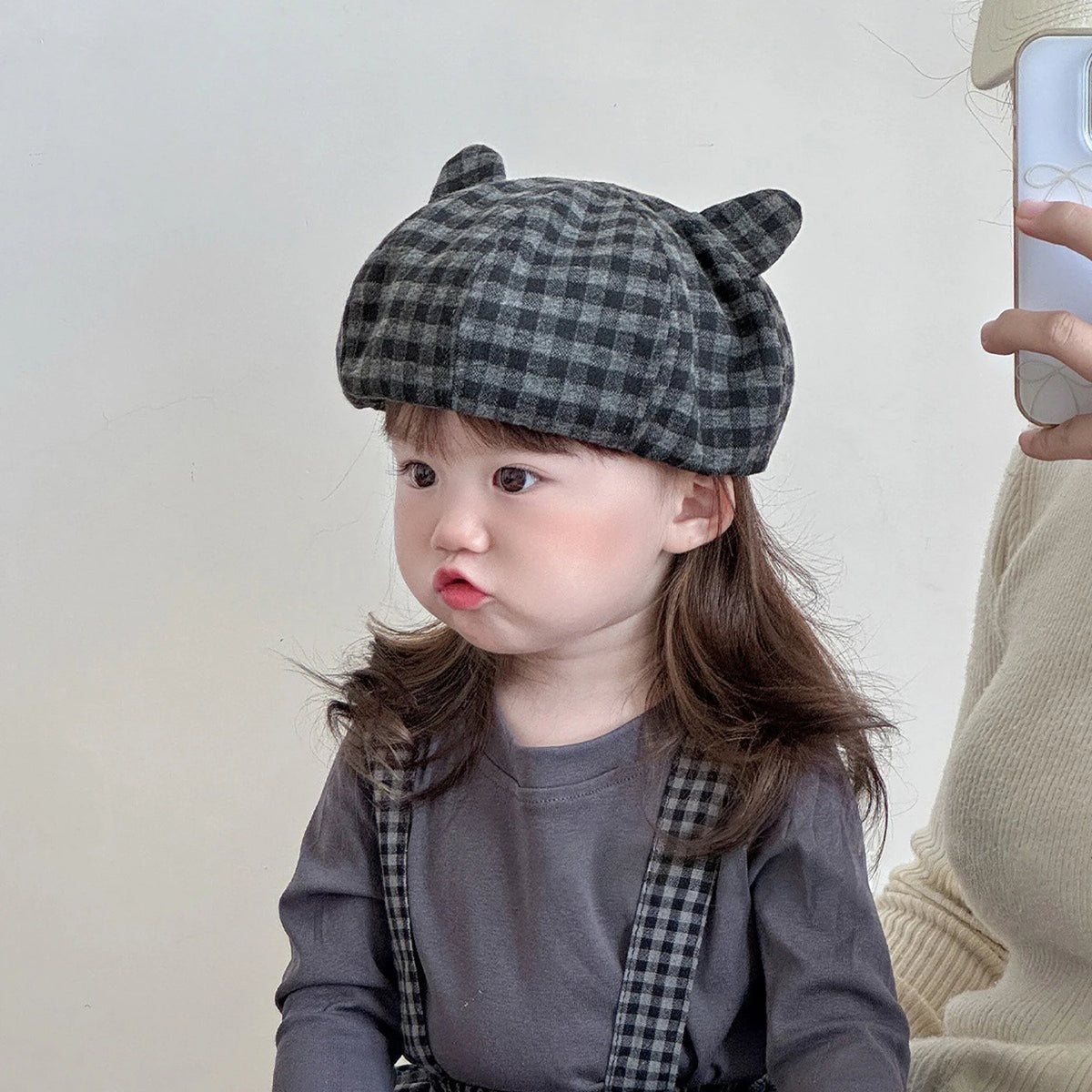 Cute Cats Ears Beret Japanese Children Octagonal Hat Fashion Plaid Kids Pumpkin Hats