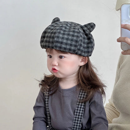 Cute Cats Ears Beret Japanese Children Octagonal Hat Fashion Plaid Kids Pumpkin Hats