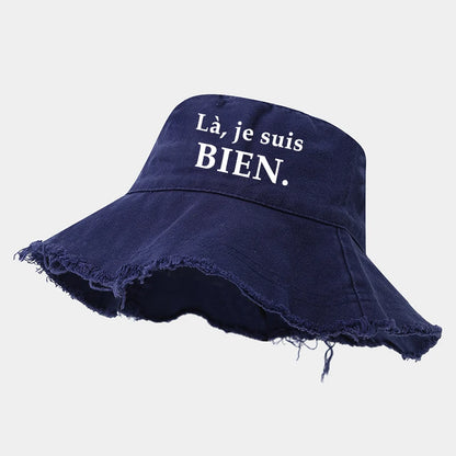La Je Suis Bien Printed Bucket Hat Women Frayed Raw Hem Denim