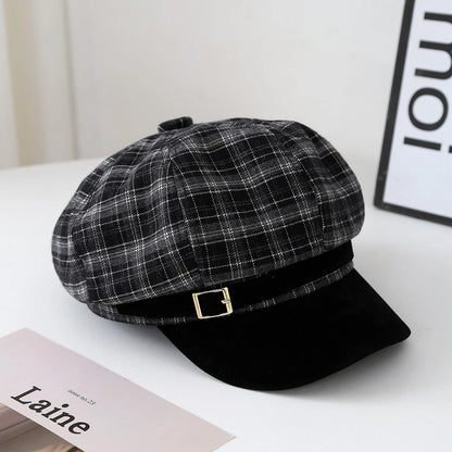 Vintage Red Plaid Beret Hat For Women Autumn Winter Newsboy Cap