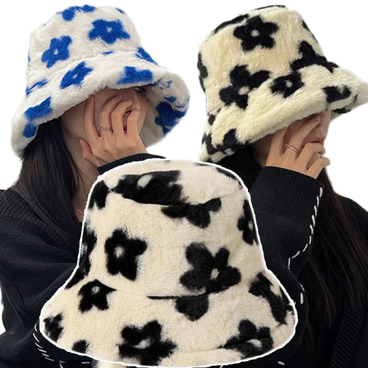 New Floral Plush Bucket Hat Women Fur Fisherman Cap