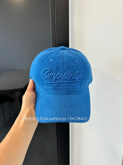 Retro Blue Embroidered Letter Wide Brim Baseball Cap Korean Style Sunshade Outdoor Sports Circumference Hat
