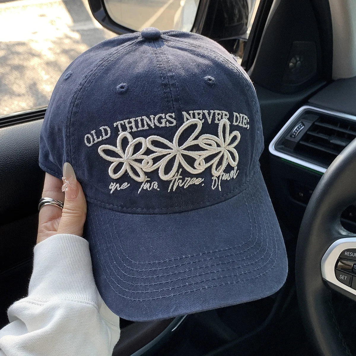 Vintage Washed Cotton Baseball Cap with Cute Flower Embroidery