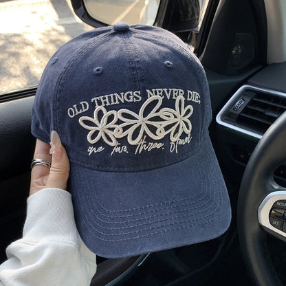 Vintage Washed Cotton Baseball Cap with Cute Flower Embroidery