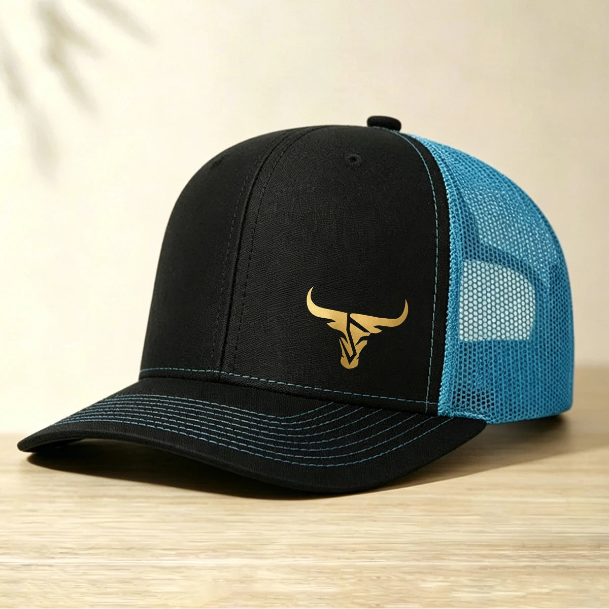 1 Gold Ox Head Print Truck Cap Breathable Mesh Back Baseball Cap Outdoor Snap Caps