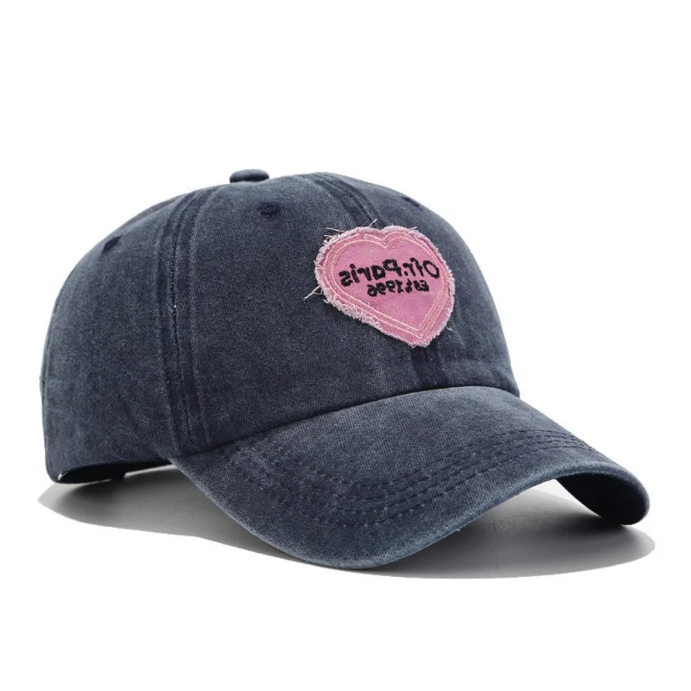 Y2K Trendy Distressed Heart-Patterned Fabric Label Letter Embroidery Baseball Cap