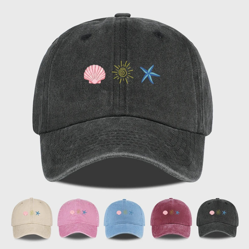Washed Baseball Cap With Shell Sun Starfish Print Adjustable Curved Brim Hat Retro Beach Vibe Casual Wear