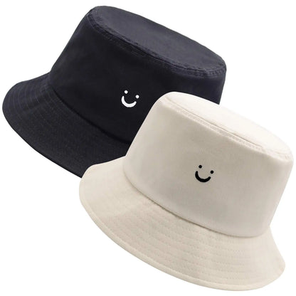 Unisex Bucket Hat Smile Face Embroidery Double Sided Wear Visor Cap