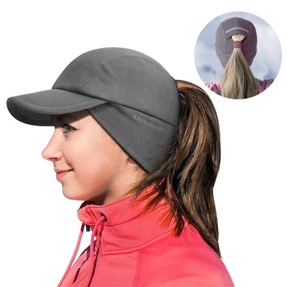 Women's Winter Reflective Fleece Ponytail Hat with Drop Down Ear Warmer Hat Baseball Cap