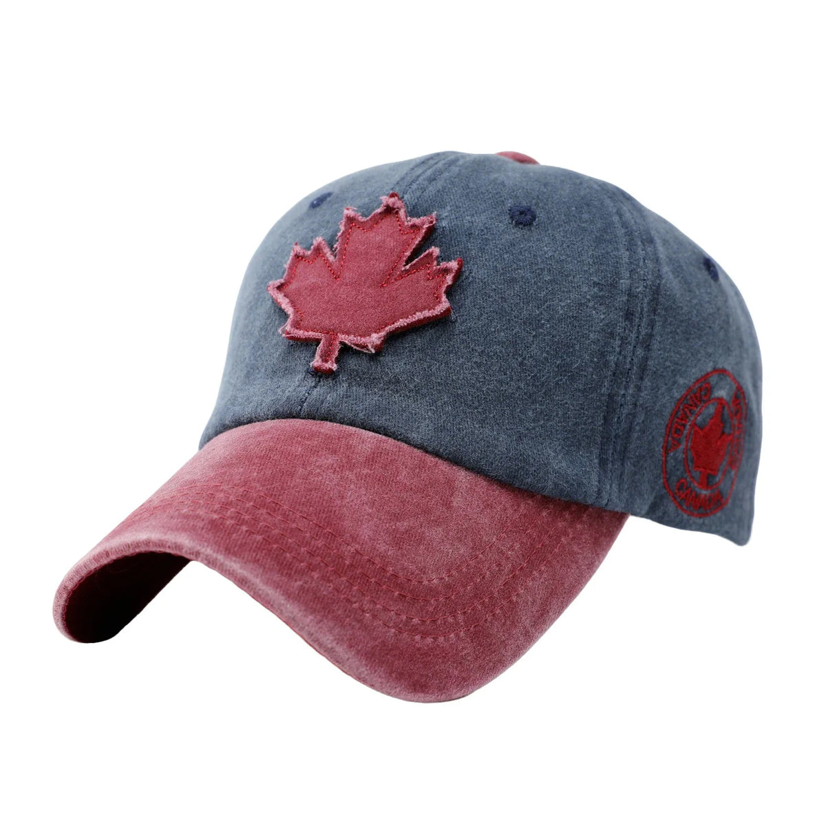 Washed Denim Baseball Cap Maple Leaf Patch Embroidery