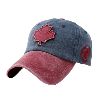 Washed Denim Baseball Cap Maple Leaf Patch Embroidery