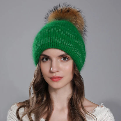 Hat For Women Angora Rabbit Fur Beanies With Natural Raccoon Fur Pompom Hats