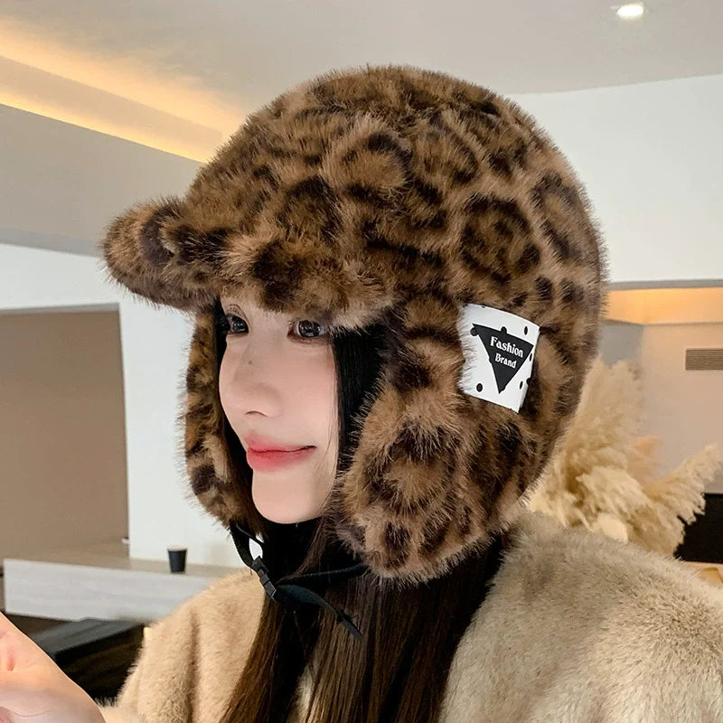 New Fashion Leopard Print Plush Bomber Hats Women