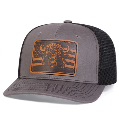 Unisex Brown Flag Bull Head Leather Label Baseball Net Caps Spring And Summer