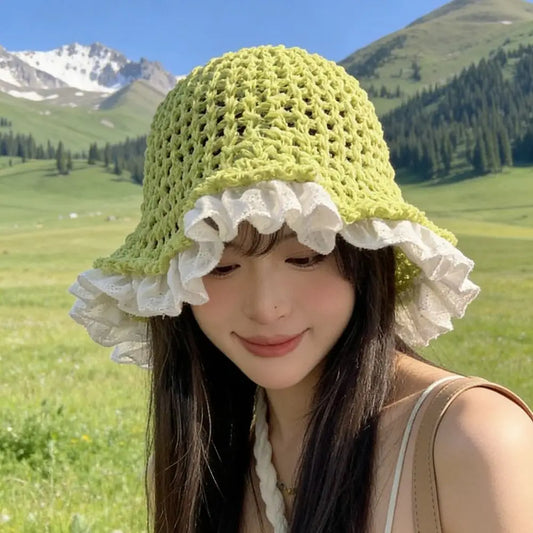 New Lace Fisherman Hat Knitted Wide Brim Sunshade Hat