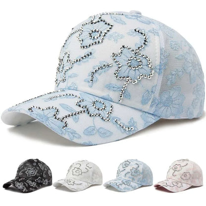 Women Baseball Cap Flower Print Rhinestone Lace