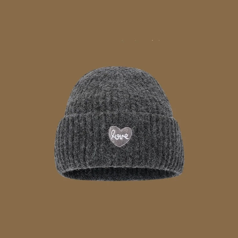 Love Heart Embroidered Woolen Hat Warm Ear-Protecting Cold Hat
