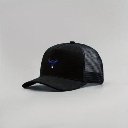 Blue Bull Head Print Unisex Mesh Suede Trucker Hat Spring Summer