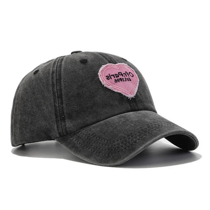 Y2K Trendy Distressed Heart-Patterned Fabric Label Letter Embroidery Baseball Cap