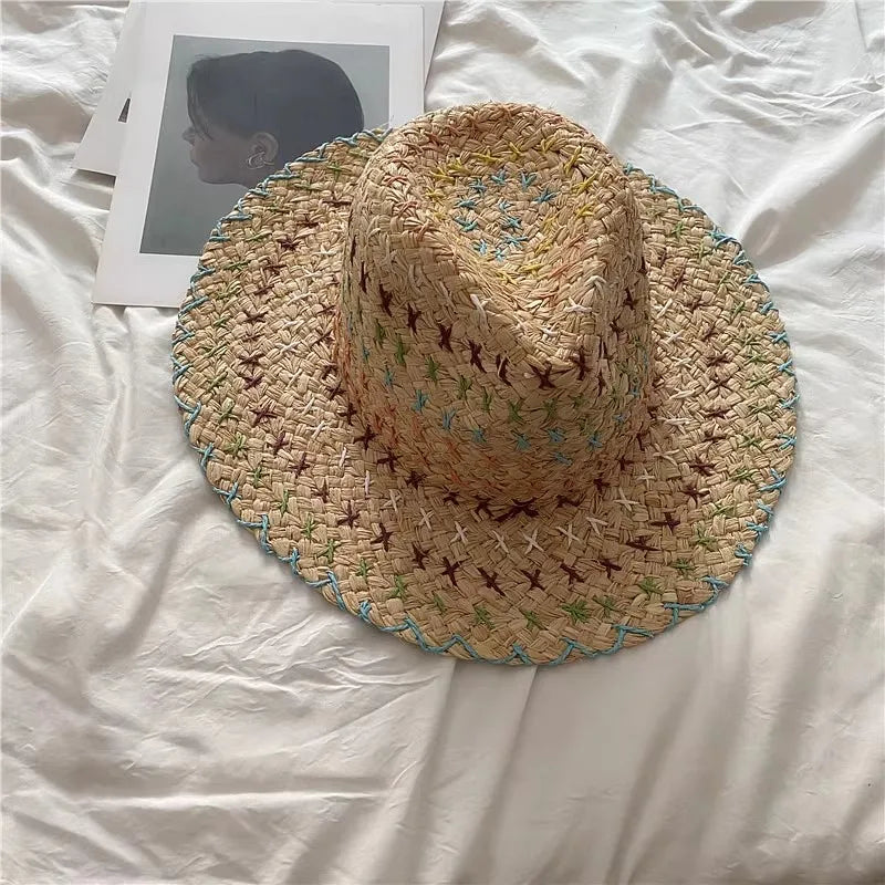 Straw Square Ribbon Straw Hat Beach Travel Sun Protection Flat Hat