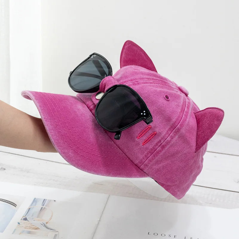 Cat Ears Sunglasses Baseball Cap Y2K Cotton Washed Women And Men