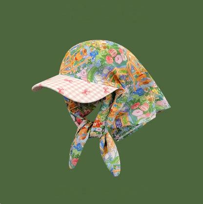 Women Plaid Tie Back Turban Hat Summer