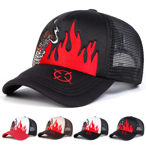 Unisex Skull Flame Embroidery Baseball Net Caps Spring and Summer